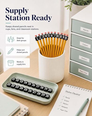 Numbered Pencil Toppers, 30/50 PCS Reusable Classroom Pencil Labels, Number Pencil Toppers for Classroom Organization and Supply Tracking Station (Green, Numbers 1-30) in Kuwait
