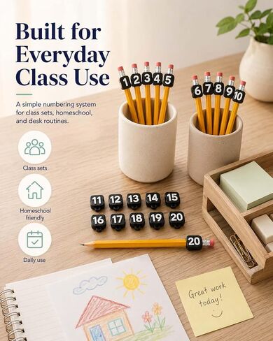 Numbered Pencil Toppers, 30/50 PCS Reusable Classroom Pencil Labels, Number Pencil Toppers for Classroom Organization and Supply Tracking Station (Green, Numbers 1-30) in Kuwait