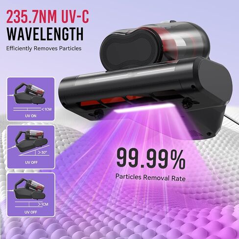 مكنسة كهربائية للمراتب، مكنسة كهربائية للسرير بقدرة 16 كيلو باسكال 600 وات مع ضوء UV-C بطول 253.7 نانومتر ودوران فرشاة 40000 دورة في الدقيقة وتقنية التسخين، ومنفذ شفط موسع، سلكي in Kuwait