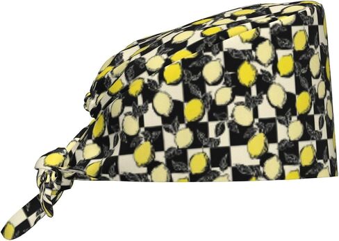 Black White Checkered Lemon A Print Scrub Caps Women Men, Nurse Cap Surgical Caps Scrub Hats for Women Men, Adjustable Working Cap with Sweatband in Kuwait