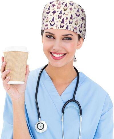 Mushroom Purple Gnome Print Scrub Caps Women Men, Nurse Cap Surgical Caps Scrub Hats for Women Men, Adjustable Working Cap with Sweatband in Kuwait