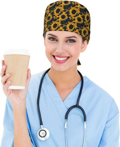 Bright Sunflowers Print Scrub Caps Women Men, Nurse Cap Surgical Caps Scrub Hats for Women Men, Adjustable Working Cap with Sweatband Black in Kuwait