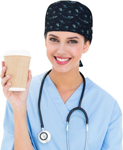 قبعات فرك مطبوعة على شكل قرش أزرق داكن رائعة للنساء والرجال، قبعة ممرضة قابلة للتعديل، قبعات جراحية قبعات فرك للنساء والرجال، قبعة عمل مع أزرار لتعليق أقنعة الوجه in Kuwait