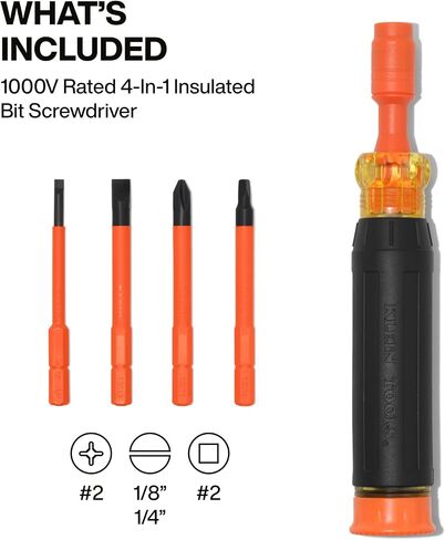مفك براغي معزول متعدد القطع 4 في 1 من Klein Tools 32604INS، محرك متعدد القطع مع طوق قفل تلقائي، تصنيف 1000 فولت، تخزين لقم في المقبض in Kuwait