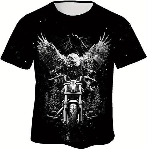 Men's Black T-Shirt Eagle Motorcycle Print Short Sleeve Crew Neck Streetwear Top Machine Washable in Kuwait