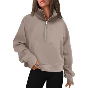 Womens Oversized Half Zip Cropped Sweatshirt 2024 Fall Fashion 1/4 Zip Pullover Preppy Thumb Hole Tops With Pocket in Kuwait