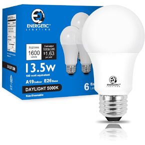 مصابيح LED للإضاءة النشطة 100 وات مكافئة، سطوع فائق 1600 لومن، ضوء النهار 5000 كلفن، لمبة LED A19 غير قابلة للتعتيم، قاعدة قياسية E26، مدرجة في قائمة ETL، 6 عبوات in Kuwait