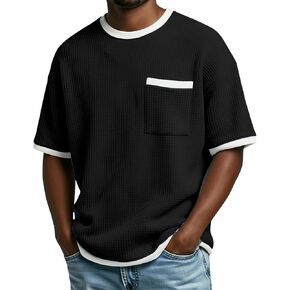 Oversized Waffle Shirts for Men Short Sleeve Crewneck Pocket Tee Shirt Casual Textured Knit Soft Summer Cotton Tops in Kuwait