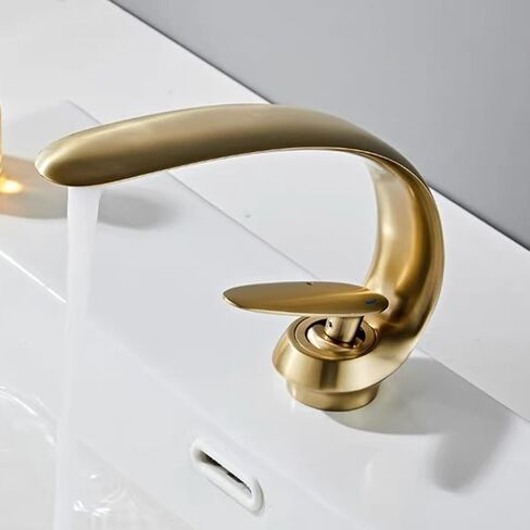 Black Gold Single Hole Brass Bathroom Sink Faucets, Unique Vanity Waterfall Single Handle Bathroom Faucets, Luxury 1 Hole Faucet with Supply Hoses Pop up Drain, llaves para lavamanos de baño in Kuwait