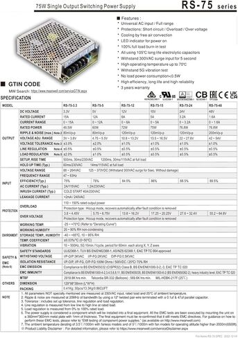 RS-75 Switching Power Supply 75W Single Output DC 3.3V 5V 12V 15V 24V 48V(Rs-75-24) in Kuwait