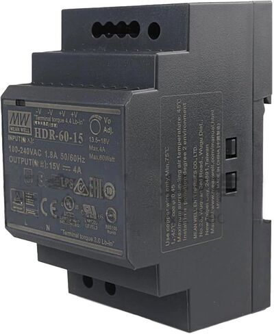 HDR-60-15 60W 15V 4A DIN مزود طاقة السكك الحديدية، عرض نحيف للغاية 52.5 مم، مدخل عالمي 85-264VAC للاستخدام العالمي، كفاءة عالية 91% للوحات التحكم PLC، وأجهزة استشعار المصنع وأنظمة التشغيل الآلي in Kuwait