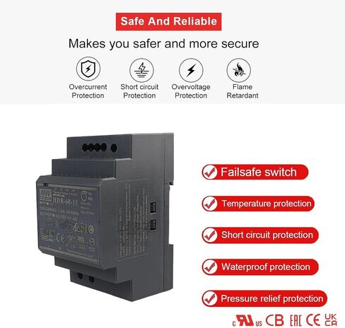 HDR-60-15 60W 15V 4A DIN مزود طاقة السكك الحديدية، عرض نحيف للغاية 52.5 مم، مدخل عالمي 85-264VAC للاستخدام العالمي، كفاءة عالية 91% للوحات التحكم PLC، وأجهزة استشعار المصنع وأنظمة التشغيل الآلي in Kuwait