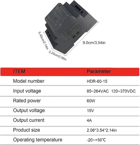 HDR-60-15 60W 15V 4A DIN مزود طاقة السكك الحديدية، عرض نحيف للغاية 52.5 مم، مدخل عالمي 85-264VAC للاستخدام العالمي، كفاءة عالية 91% للوحات التحكم PLC، وأجهزة استشعار المصنع وأنظمة التشغيل الآلي in Kuwait