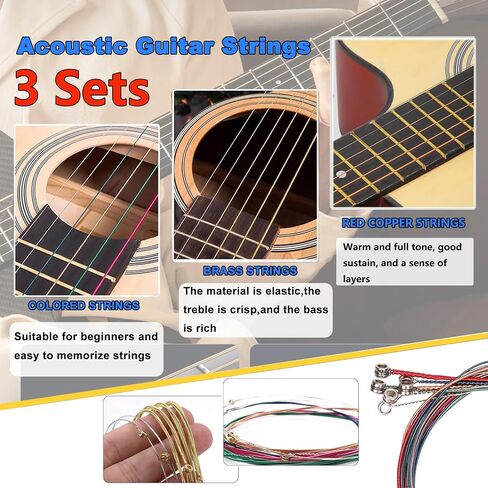 مجموعة الجيتار الصوتي الأساسية: موالف، كابو، 18 وترًا وأدوات | تتضمن لفافة/قطاعة 3 في 1، 12 قطعة مع حاملين، ملصق فريت وجوز/سرج. التحرير والسرد كاتب! in Kuwait