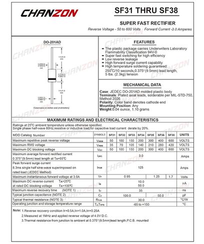 (Pack of 20 Pieces) Chanzon SF36 Super Fast Recovery Rectifier Diode 3A 400V 35ns DO-201AD (DO-27) Axial 3 Amp 400 Volt Electronic Diodes in Kuwait