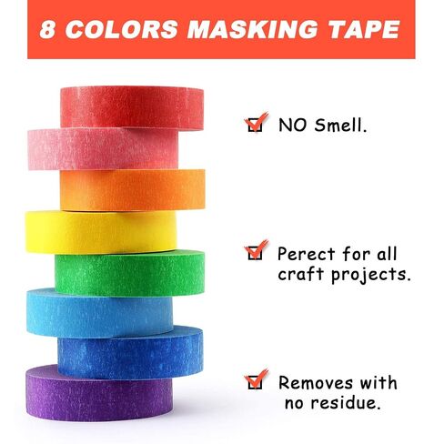 8 Rolls Colored Masking Tape Rainbow Colors Painters Tape Colorful Craft Art Paper Tape Labeling Arts Crafts Decorative Coding Decoration Supplies, 0.6 Inch x 16 Yard, 8 Colors in Kuwait