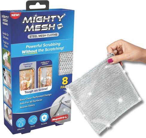 Mighty Mesh Pro Steel Mesh Cloths (8 Pack) with MagnaGrip Magnetic Storage | Powerful, Non-Scratch Kitchen Scrubber | Easy-Clean, Odor-Resistant Design for All Surfaces in Kuwait