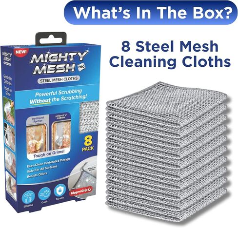 Mighty Mesh Pro Steel Mesh Cloths (8 Pack) with MagnaGrip Magnetic Storage | Powerful, Non-Scratch Kitchen Scrubber | Easy-Clean, Odor-Resistant Design for All Surfaces in Kuwait