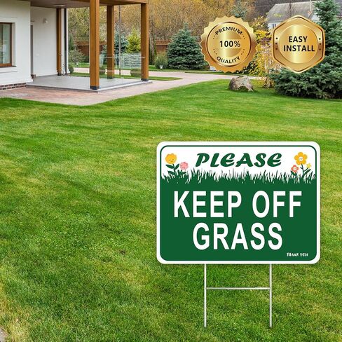 2PC Keep Off Grass Sign with Metal Stakes, 12.6"x9.4" - Corrugated Plastic Double Sided - Please Stay Off Dont Walk On Lawn Yard Sign in Kuwait