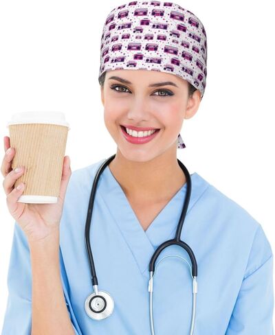 80s Retro Boombox Music Print Scrub Caps Women Men, Nurse Cap Surgical Caps Scrub Hats for Women Men, Adjustable Working Cap with Sweatband Black in Kuwait
