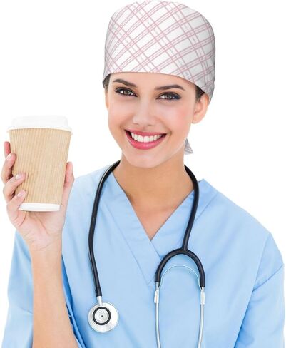 White Pink Stripes Print Scrub Caps Women Men, Nurse Cap Surgical Caps Scrub Hats for Women Men, Adjustable Working Cap with Sweatband in Kuwait
