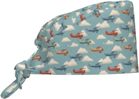 Retro Colorful Airplane Print Scrub Caps Women Men, Nurse Cap Surgical Caps Scrub Hats for Women Men, Adjustable Working Cap with Sweatband in Kuwait
