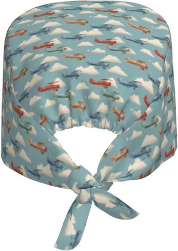 Retro Colorful Airplane Print Scrub Caps Women Men, Nurse Cap Surgical Caps Scrub Hats for Women Men, Adjustable Working Cap with Sweatband in Kuwait