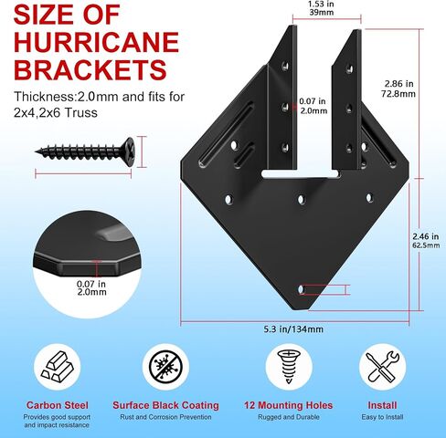 Black Hurricane Ties for Rafter 10PCS ，13 Gauge 2.0mmHeavy Duty Hurricane Straps，Heavy Duty Joist Hangers for Roofing Trusses Wood，Roofing Trusses 120 Screws in Kuwait