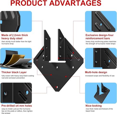 Black Hurricane Ties for Rafter 10PCS ，13 Gauge 2.0mmHeavy Duty Hurricane Straps，Heavy Duty Joist Hangers for Roofing Trusses Wood，Roofing Trusses 120 Screws in Kuwait