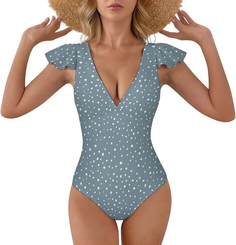 MARSVOVO Womens Fashion Print One Piece Swimsuits V Neck Ruffle Sleeve Backless Bathing Suits High Cut Slimming Swimwear in Kuwait