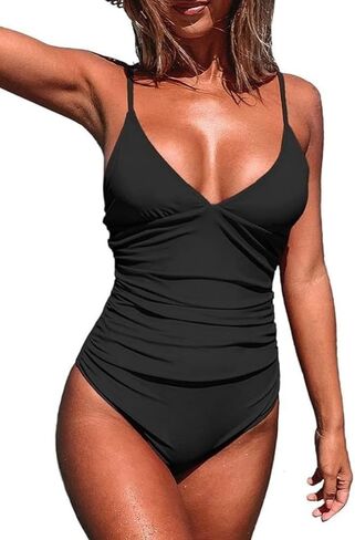 Women's One Piece Swimsuit - Tummy Control V Neck Ruched Solid Color Bathing Suit with Adjustable Straps for Women in Kuwait