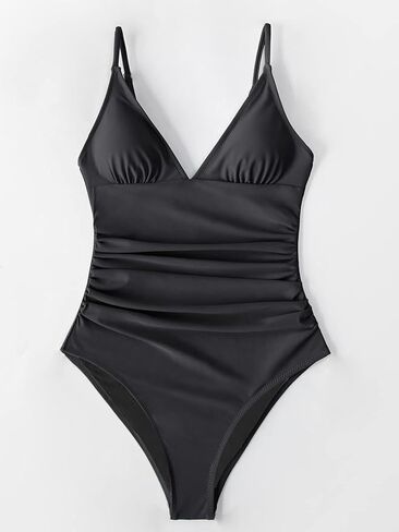 Women's One Piece Swimsuit - Tummy Control V Neck Ruched Solid Color Bathing Suit with Adjustable Straps for Women in Kuwait