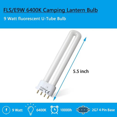 (2PACK) لمبة الفلورسنت FLS/E9W، بديلة لمصباح فانوس التخييم، قاعدة 4 دبوس 2G7، حجم خاص 5.5 بوصة، 6400 كلفن in Kuwait