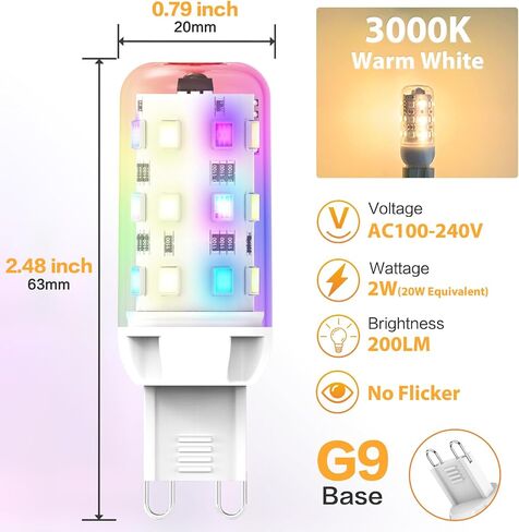 مصابيح إضاءة LED متغيرة الألوان من YUIIP RGB مع جهاز تحكم عن بعد، لمبة LED G9 RGB قابلة للتعتيم 2 وات، 200 لومين، مكافئ هالوجين 20 وات، لمبة إضاءة مزاجية G9 بيضاء دافئة 3000 كيلفن لديكور المنزل، الحفلات، حزمة من 2 in Kuwait