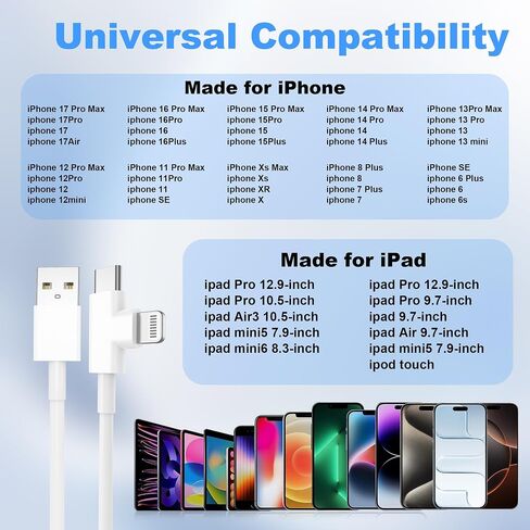 كابل Carplay للسيارة لهاتف iPhone 17/16/15/14/13/12 USB A إلى USB C & Lightning، سلك شاحن سريع، متوافق مع iPhone/iPad/Air/Mini/Pro Max/Plus/Galaxy/Pixe، شحن السيارة USB إلى Lightning & Type-C in Kuwait