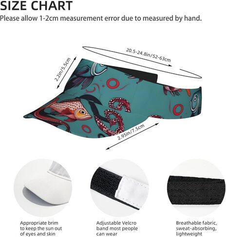 Fish and Octopus Print Sports Sun Visor Hats Adjustable Running Golf Tennis Sun Cap for Women Men Black in Saudi Arabia