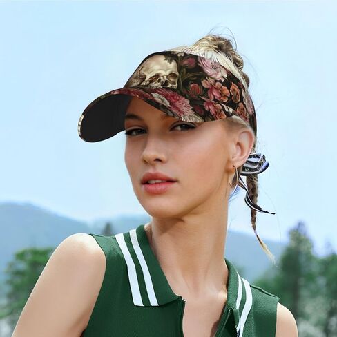 Floral Skull Print Sports Sun Visor Hats Adjustable Running Golf Tennis Sun Cap for Women Men Black in Saudi Arabia