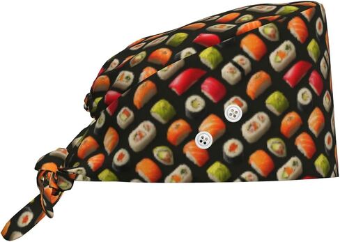 Simple Sushi Roll Print Scrub Caps Women Men, Adjustable Nurse Cap Surgical Caps Scrub Hats for Women Men, Working Cap with Buttons for Hanging Face Masks Black in Kuwait