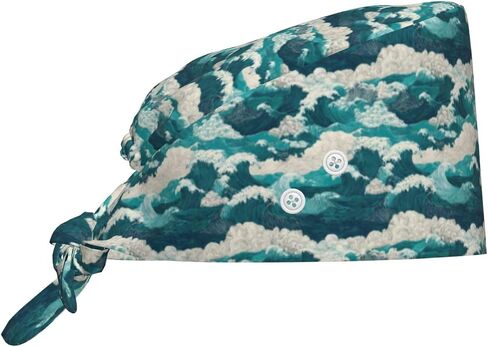 Teal Blue Great Wave Print Scrub Caps Women Men, Adjustable Nurse Cap Surgical Caps Scrub Hats for Women Men, Working Cap with Buttons for Hanging Face Masks in Kuwait