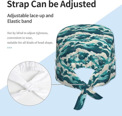 Teal Blue Great Wave Print Scrub Caps Women Men, Adjustable Nurse Cap Surgical Caps Scrub Hats for Women Men, Working Cap with Buttons for Hanging Face Masks in Kuwait