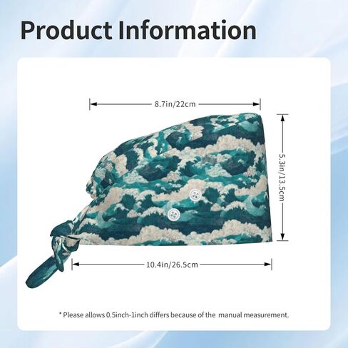 Teal Blue Great Wave Print Scrub Caps Women Men, Adjustable Nurse Cap Surgical Caps Scrub Hats for Women Men, Working Cap with Buttons for Hanging Face Masks in Kuwait