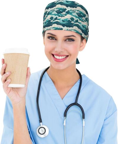 Teal Blue Great Wave Print Scrub Caps Women Men, Adjustable Nurse Cap Surgical Caps Scrub Hats for Women Men, Working Cap with Buttons for Hanging Face Masks in Kuwait