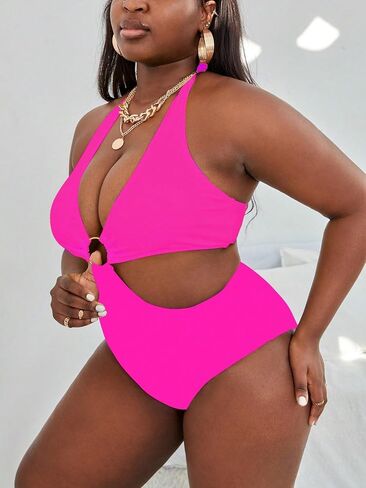 Women's Plus Size One Piece Swimsuit Sexy Cut Out Halter Bathing Suit O-Ring Monokini Tummy Control Beachwear in Kuwait