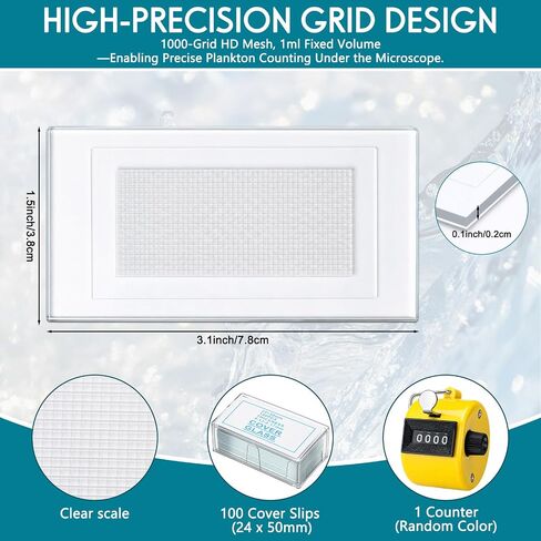 Konohan 1ml 1000 Grid Plankton Counting Chamber with Grid and 100pcs Microscope Glass Cover Slips and 1pcs Handheld Tally Counter for Phytoplankton Zooplankton Analysis Identification in Water Sample in Kuwait