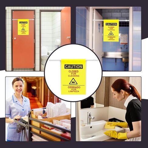 Fanfanwin 8 Pack Restroom Closed for Cleaning Sign with English and Spanish Text Yellow Commercial Door Barricade Sign with Telescopic Pole Hanging Doorway Safety Banner for Janitors Restroom Bathroom in Kuwait