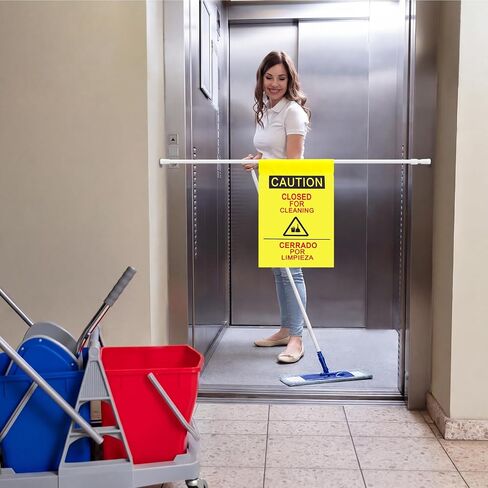 Fanfanwin 8 Pack Restroom Closed for Cleaning Sign with English and Spanish Text Yellow Commercial Door Barricade Sign with Telescopic Pole Hanging Doorway Safety Banner for Janitors Restroom Bathroom in Kuwait