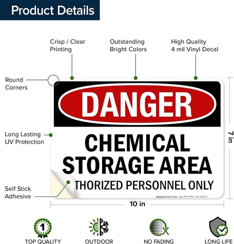 OSHA Danger Chemical Storage Area Authorized Personnel Only Sign, 10x7 Inches, 4 Mil Vinyl Decal Stickers Weather Resistant, Made in USA by My Sign Center in Kuwait