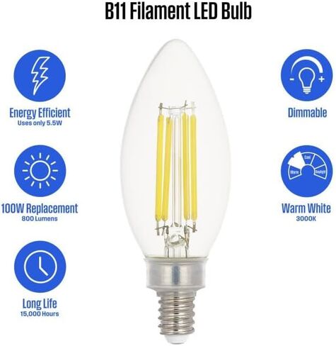 إضاءة Westinghouse 5358000 5.5 وات (ما يعادل 100 وات) B11 لمبة إضاءة LED ذات خيوط شفافة قابلة للتعتيم، قاعدة الشمعدانات in Kuwait