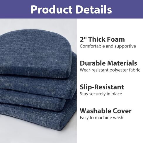 IPYNBAP Chair Cushions for Dining Chairs, Kitchen Chair Cushions, 16'' x 16'' x 2'', Non Slip Indoor Seat Cushions, Chair Pads for Dining Chairs with Ties & Removable Cover, Set of 4, Navy in Kuwait