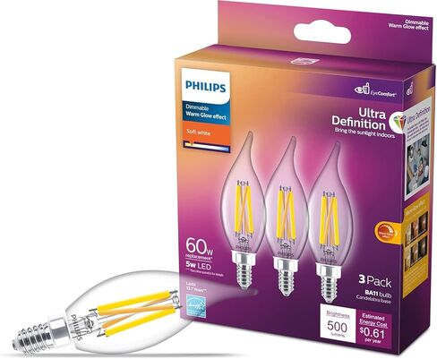 فيليبس LED 75 وات BA11 3 عبوات فائقة الوضوح باللون الأبيض الناعم (2700 ك) 700 لومن (6.6 وات = 75 وات) لمبات إضاءة شمعدان شفافة خالية من الوميض تناسب مقابس E26 أو E12 in Kuwait